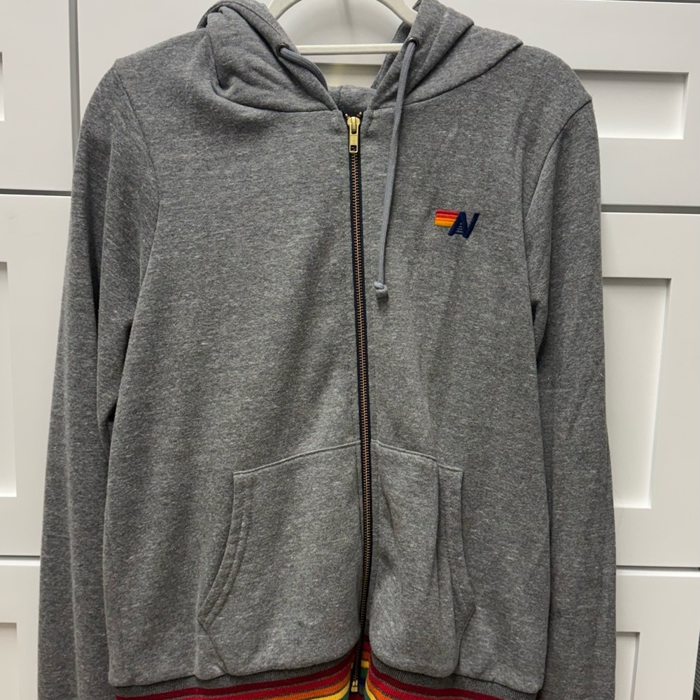 Aviator Nation SET, Gray Hoodie and pants with Rainbow Trim